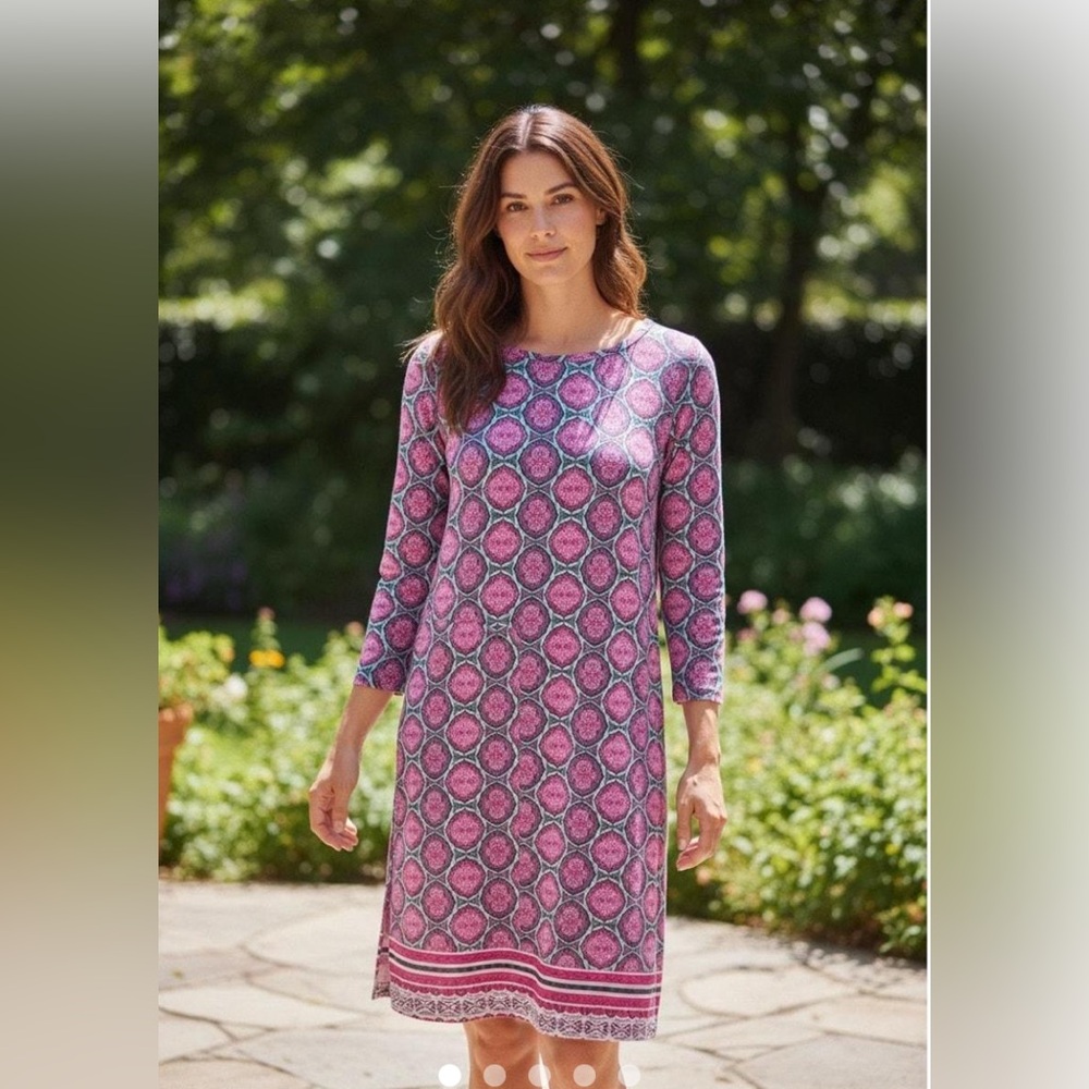 Cabana Life Pink and Blue Geometric Midi Dress 3/4 Sleeves